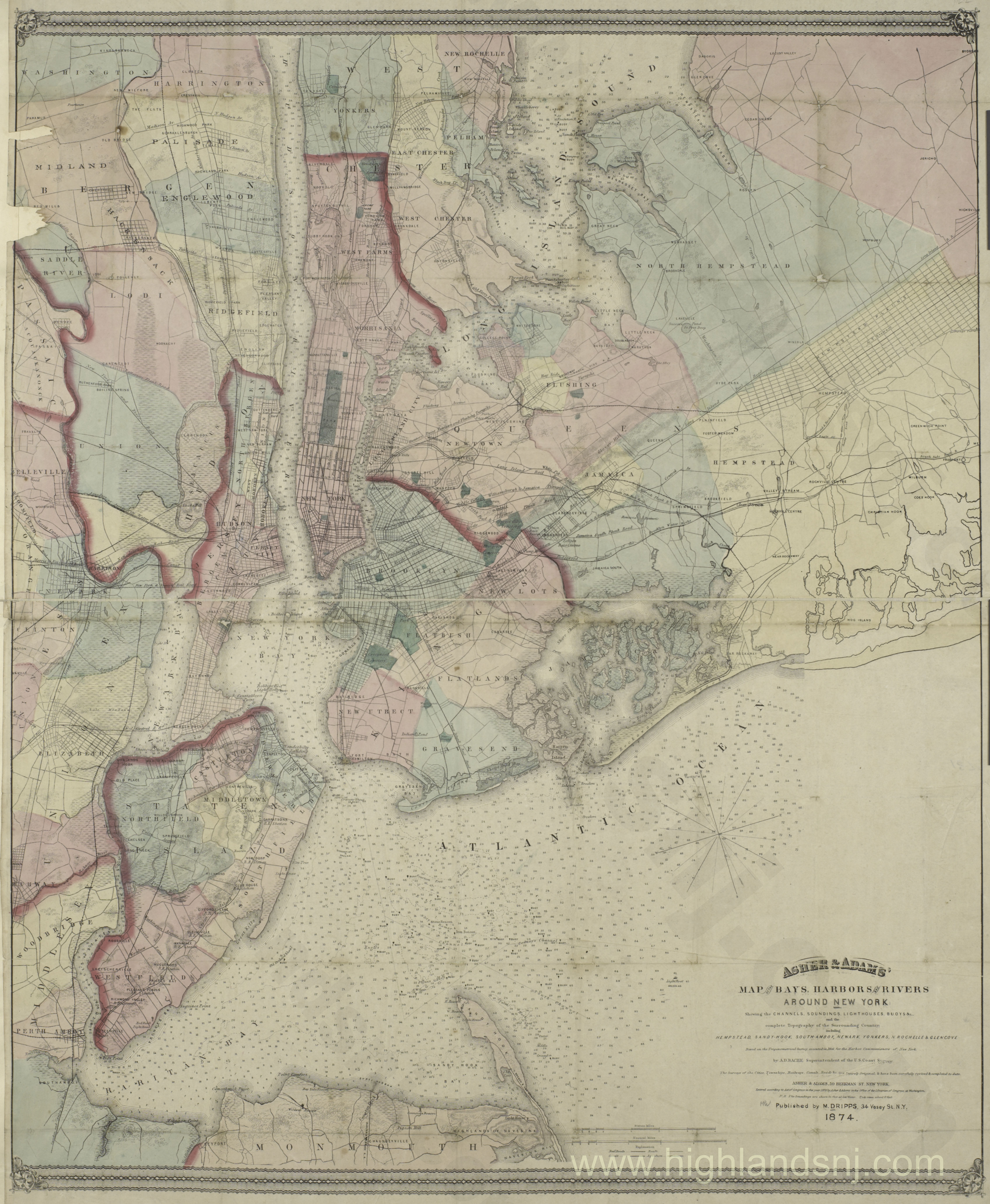 1874 Map of the bays harbors and rivers around New York